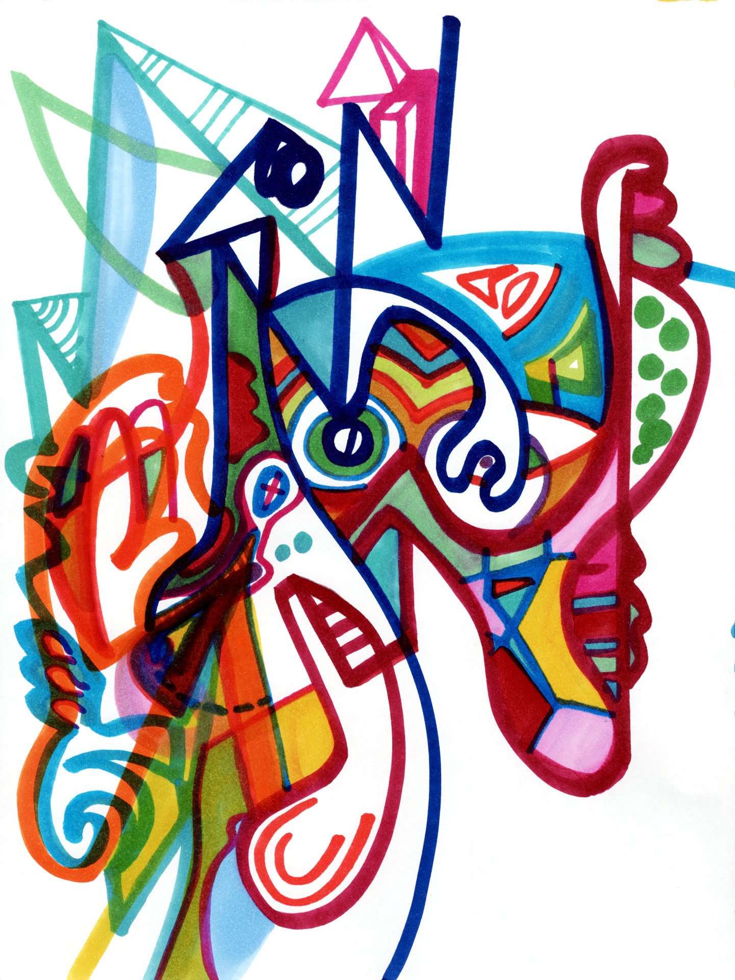 A colorful character with goggles, raised arms, and a tongue out