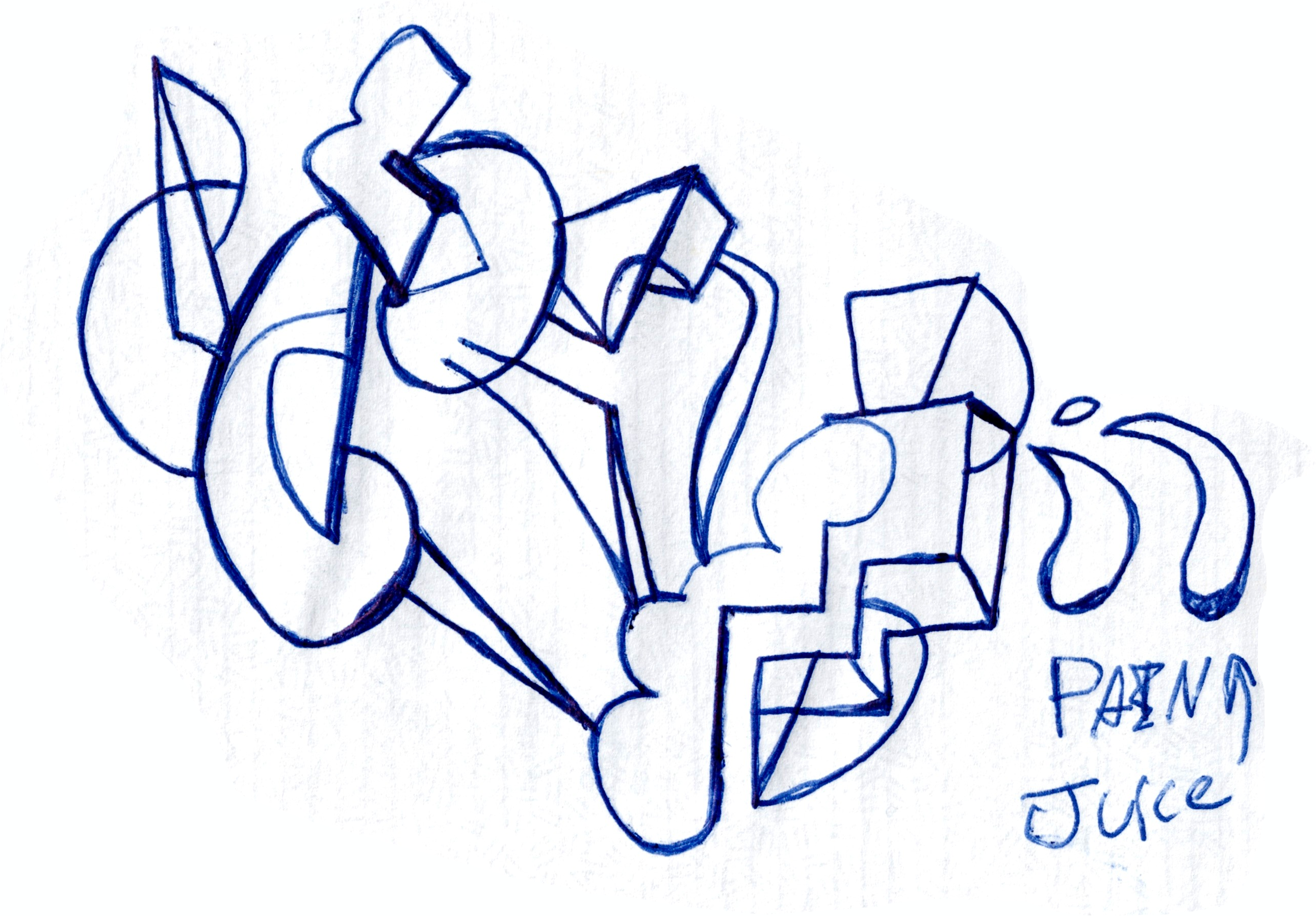 Raw Third Juice doodle with an alien figure, a second figure, and tubules between them
